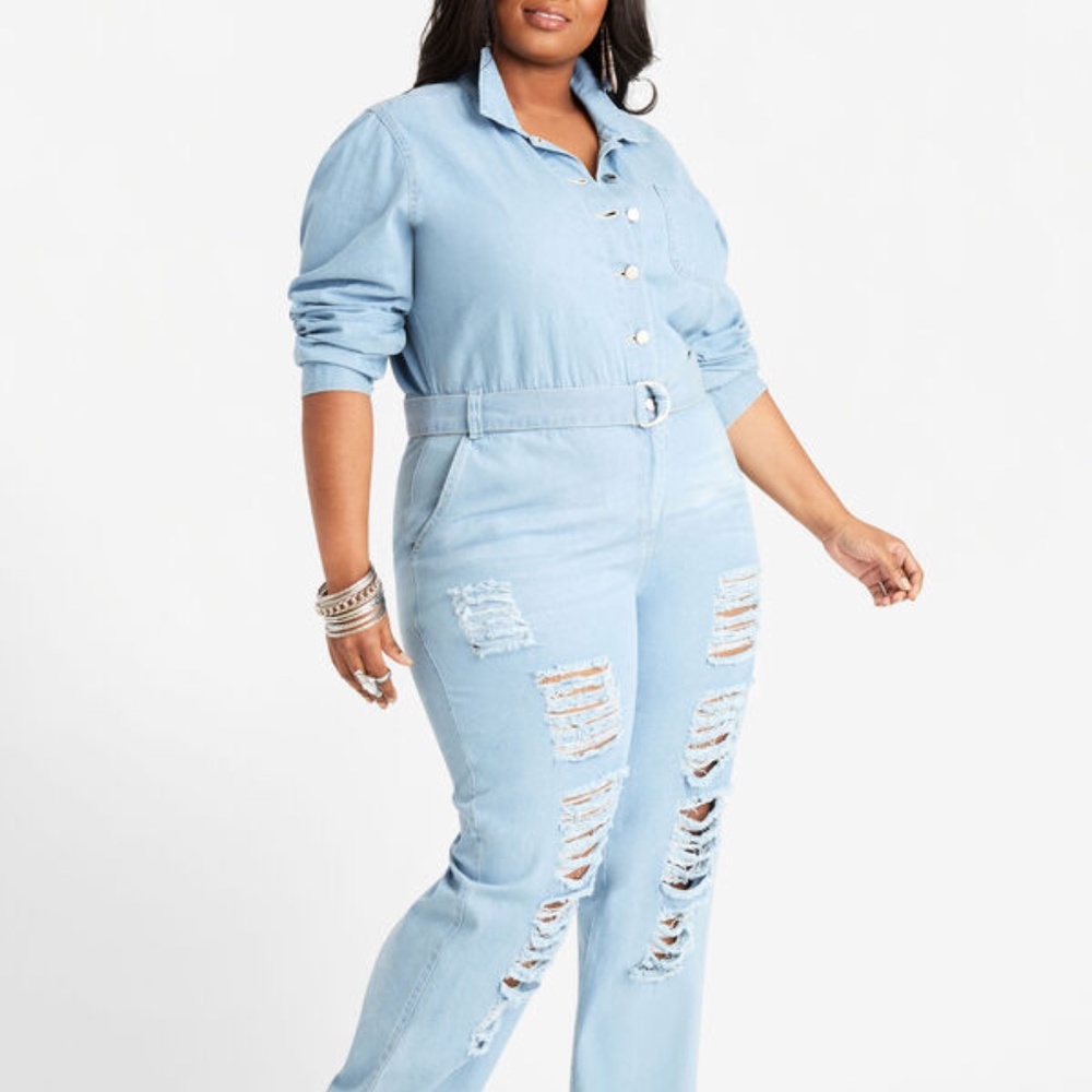 Jumpsuit 20 Ashley Stewart Denim Coveralls Distressed Destroyed Ripped Plus Size